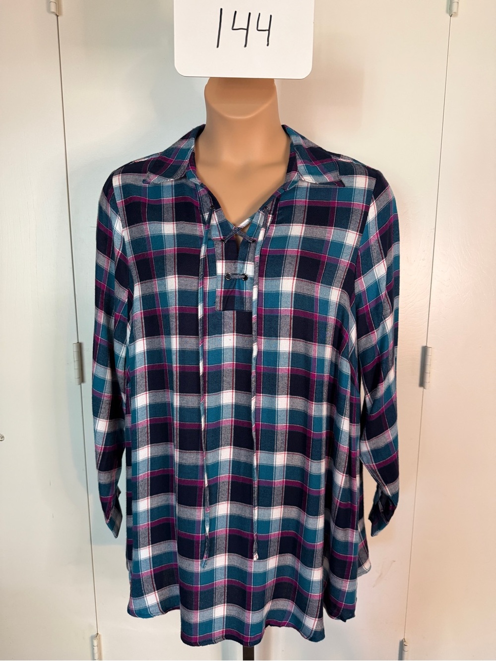Lane Bryant Plaid Pullover Shirt in Navy, Teal & White with Pink Accents